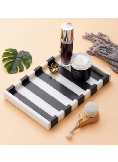 Buy Black and White Stripe Natural Marble Decorative Vanity Tray With Edge 30x20 CM in UAE