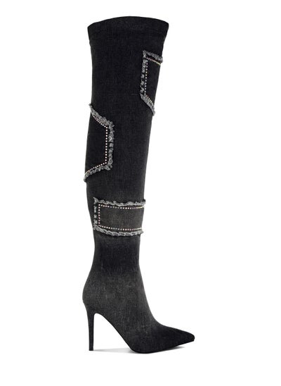 Buy Rhinestones Knee High Denim Boots in Black in UAE