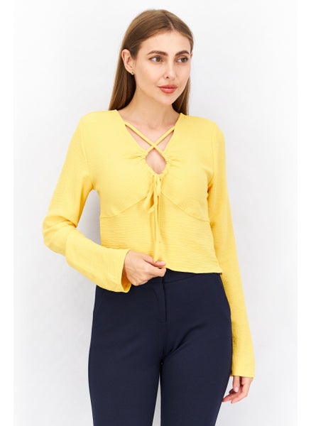 Buy Women Crisscross Neck Long Sleeve Textured Top, Yellow in UAE