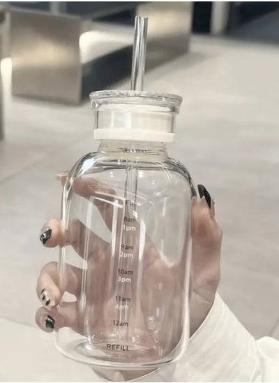 Buy 550ml Transparent Glass Water Bottle: Portable, Cute Design with Straw, Handle, Silicone Sleeve, Time Marker, and Scale. Aesthetic and Creative Juice Cup in UAE