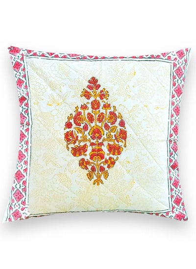 Buy Handmade Premium Non-Allergenic Quilted Organic Cotton Hand Block Printed Cushion Cover 40 Cm X 40 Cm Multicolored in UAE