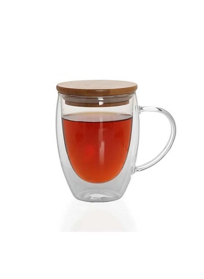 اشتري Double Wall Borosilicate Glass Cup With Bamboo Lid Clear 350 ml في الامارات