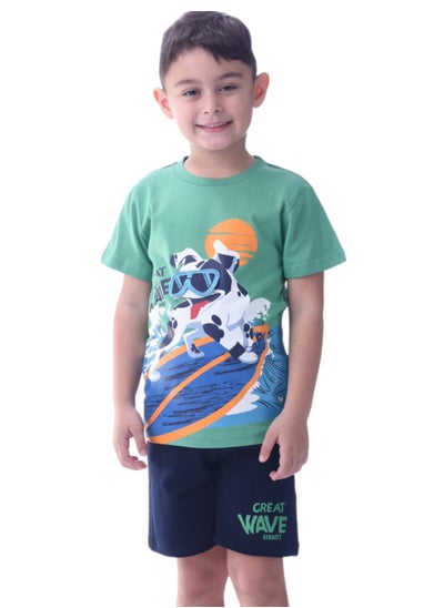 Buy Victor & Jane Boys' Comfortable 2-Piece T-Shirt & Shorts Set (2-8 Years)- Green & Navy, 100% Cotton in UAE