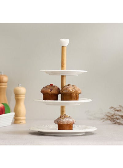 Buy Princess 3 Tier Cake Stand Porcelain Bamboo Stylish Cake Holder Elegant Dessert Presentation For Home Kitchen & Dining Room L25.5xW25.5xH32.5cm White in UAE