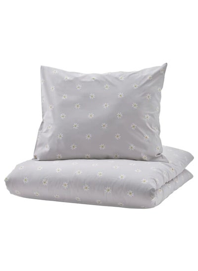 Buy Duvet cover and pillowcase, floral pattern grey/white, 150x200/50x80 cm in Saudi Arabia