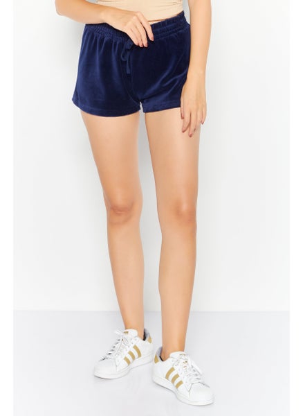 Buy Women Drawstring Velour Casual Shorts, Navy Blue in UAE