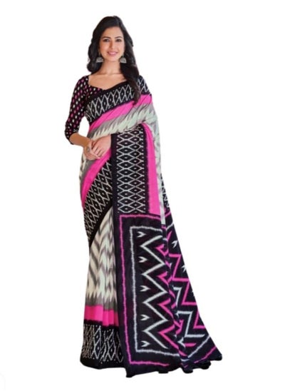 Buy Mal Mal Cotton White Black Pink Saree Printed With Unstitched Blouse in UAE