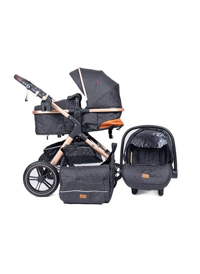 اشتري One Fold-To-Half Luxury Pram 3 In 1 With Car Seat - Black في الامارات