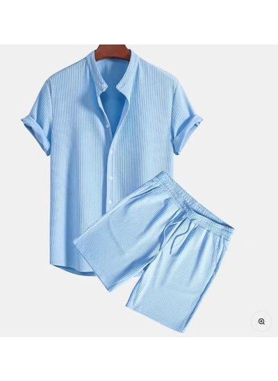 اشتري Summer 2024 Mens Solid Color Short Sleeve Shirt Set Light blue with pants في السعودية