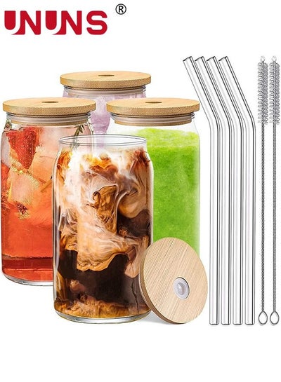 Buy Drinking Glasses Set,4 Pack 16oz Can Shaped Glass Cups With Cover And Straw,Beer Glasses, Iced Coffee Glasses,2 Cleaning Brushes,Travel Coffee Mug Set in Saudi Arabia