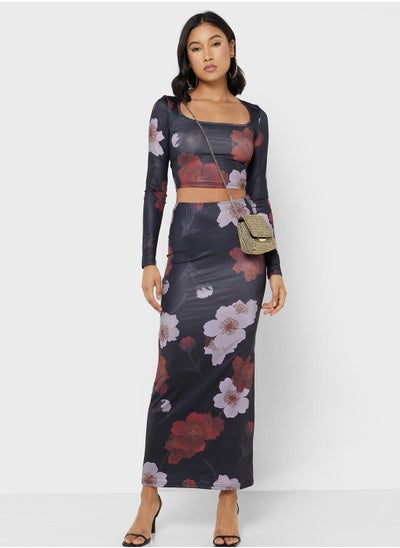 Buy Mesh Floral Scoop Neck Top & Skirt Set in UAE