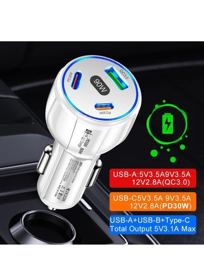 Buy USB charger 3-port 90W high-power cigarette lighter USB charger function car charging adapter compatible with iPhone full smartphone（White） in UAE