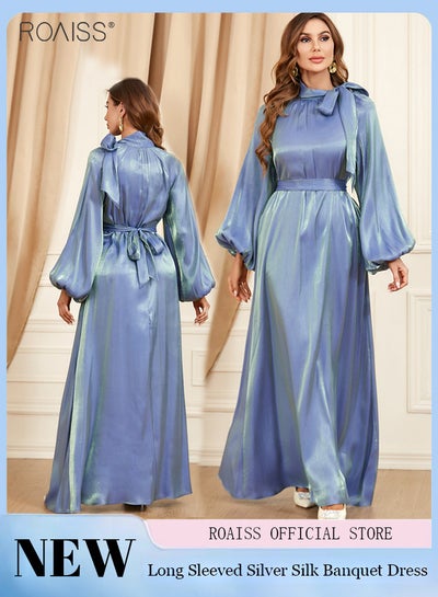 Buy Women's Banquet Shiny Silver Silk Dress High Neck Lantern Long Sleeved Long Dress Detachable Belt Elegant Formal Dress in Saudi Arabia