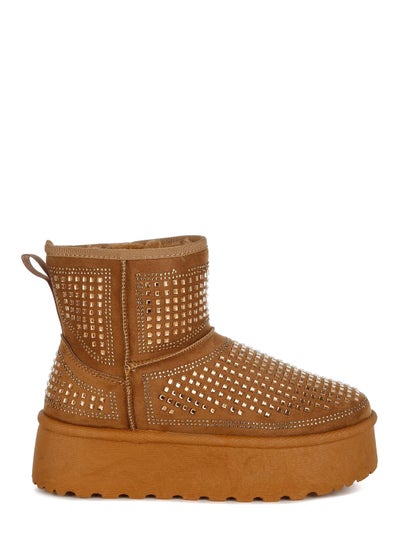 Buy Chunky Rhinestones Ankle Boots in Tan in UAE