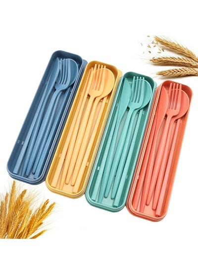 Buy Wheat Straw Cutlery, 4 Sets Portable Cutlery Set, Reusable Travel Flatware Set, for Lunch Boxes Workplace Camping School Picnic or Daily Use(4 Colors, With Storage Box) in UAE