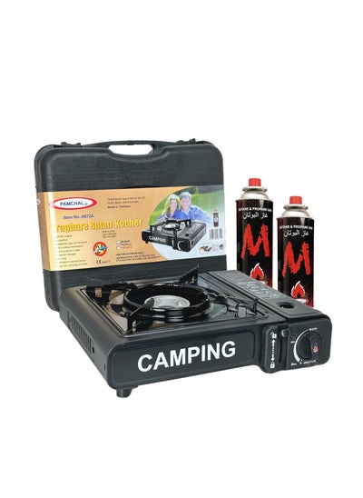 اشتري Camping Stove with Box and 2-Pieces Butane Gas Cartridge Black في الامارات