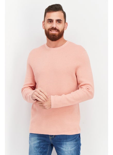 Buy Men Round Neck Textured Long Sleeves Sweatshirt, Peach in UAE