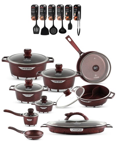 اشتري Cookware Set 23 pieces-LIFE SMILE Pots and Pans set Aluminum, Granite Non Stick Coating PFOA FREE include Casseroles, Fry Pan, Baby Set, Fish Pan, Hot Pot, Kitchen Utensils (Red) في الامارات