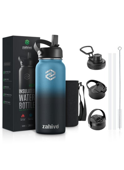 Buy Insulated Water Bottle 1l with 3 Lids & Bag - Straw Lid, Spout Lid - Stainless Steel Water Bottle with Straw - 1000ml Double Wall Thermos Water Bottle Flask for Hot & Cold (32oz, Blue Black) in UAE