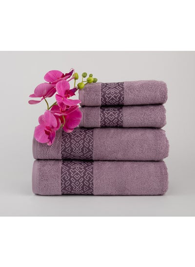 Buy Towel 4 Piece Bathroom  Set - BLOCKS - 500 GSM - 100% Cotton Terry - Jacquard Border- 2 Bath  70X140 cm & 2 Hand  50x90 cm- Luxury Touch - Extra Absorbent-Purple in Saudi Arabia