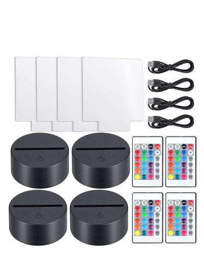 اشتري 3D Night LED Light Lamp Base with 4 Pieces Clear Acrylic Sheets 4 Pieces Remote Controls and 4 Pieces Charging Cables Adjustable 16 Colors 4 Modes for Child Room Bar 4 Set (Square Style) في السعودية