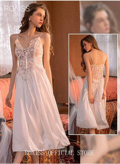 Buy Lace Satin Homewear Women's Sling Sleepwear Sweet Nightwear Hollowed Perspective Sheer Lace Long Nightdress Luxurious Embroidered Nightgown Female Summer White in Saudi Arabia