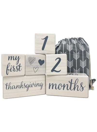 Buy Baby Milestone Blocks Natural White Stain Pine Wood With Weeks Months Years Grade And Holidays Newborn Weekly Monthly First Year Picture Props 6 Block Milestones Age Set With Bag in UAE