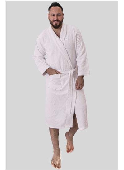 Buy Men's soft cotton bathrobe with pocket and waist belt elegant design white color multiple sizes in Saudi Arabia