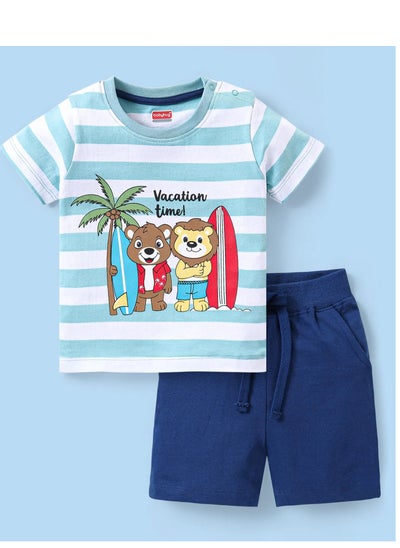 اشتري Babyhug Single Jersey Knit Half Sleeves T-Shirt & Shorts Set with Striped & Animal Print - Blue(9-14M&2-6Y) في الامارات