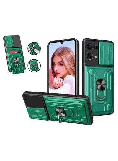 Buy Heavy Duty Protection Case for Oppo Reno 7 4G Magnetic Ring Kickstand Slide Camera with Card Holder Phone Cover_Dark Green in Egypt