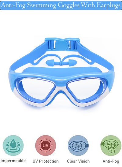 اشتري Swimming Goggles With Attached Earplugs - Ultra Wide, Clear Vision, UV Protection, and Waterproof Swimming Glasses - Anti-Fog Swimming Goggles for Kids, Youth, Easy To Carry And Store في السعودية