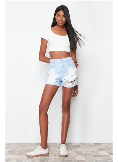 Buy Light Blue Ripped High Waist Mini Denim Shorts & Bermuda TWOSS24SR00083 in Egypt