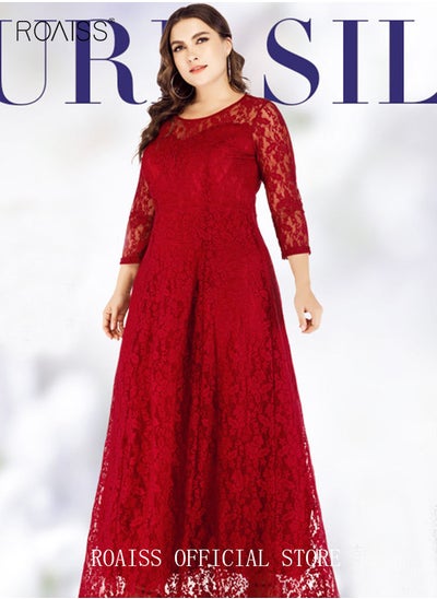 Buy Women's Plus Size Lace Dress for Wedding Party Dating Solid Color Midi Long Loose Dress Transparent three quarter Sleeve Boat Neck Large Hem Elegant Evening Dresses Wine Red in Saudi Arabia