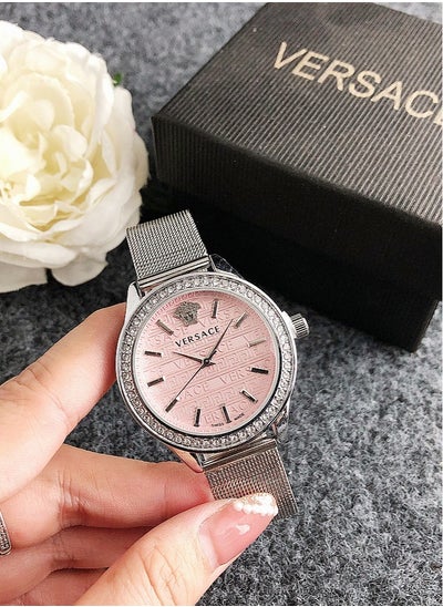 اشتري Versace Women's Cubic Zirconia Classic Fashion Versatile Quartz Watch with Silver Stainless Steel Band 36mm Pink Dial في الامارات