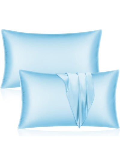 Buy Satin Silk Pillow Case Cover for Hair and Skin, Soft Breathable Smooth Both Sided Silk Pillow Cover Pair (Standard - 50 x 65cm - 2pcs - Sky Blue) in UAE