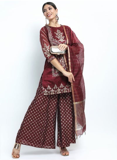 Buy Foil Print Straight Kurti and Palazzo with Dupatta Set in Saudi Arabia