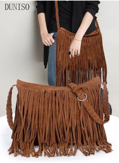 Buy Suede Fringe Tassel Messenger Bag Women Hobo Shoulder Bags Crossbody Handbag Shopping Bag in UAE