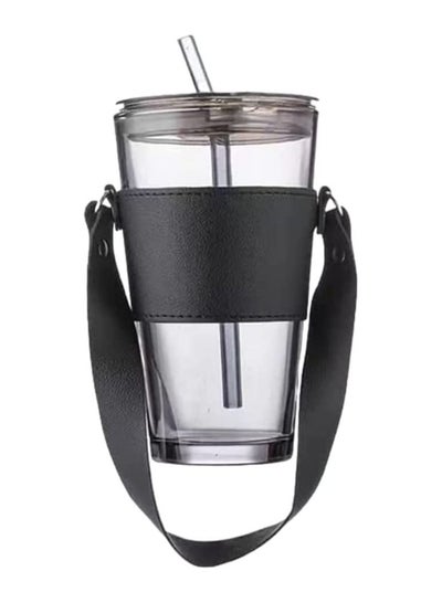 Buy 450ml Thick Glass Mug Cup with Leather Strap And Straw in Egypt