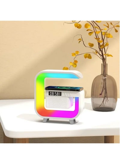 Buy Wireless Charging Speaker Alarm Clock with Colorful Atmosphere Light - G Shape Bluetooth Compatible Multi-Functional Desk Lamp Speaker - White in Saudi Arabia