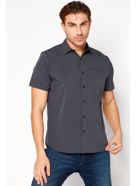 Buy Men Regular Fit Pointed Collar Short Sleeve Plain Casual Shirt, Grey in UAE