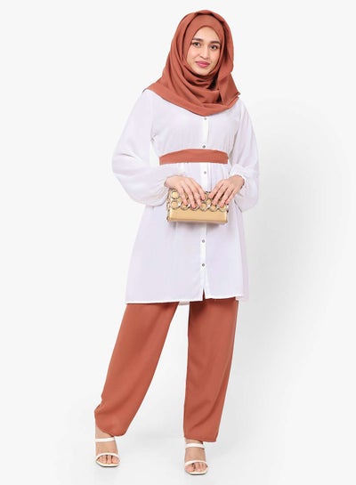 Buy MODEST TWO PIECE DRESS WITH SCARF AND BELT SOLID COLOUR ARABIC KAFTAN JALABIYA DRESS in Saudi Arabia