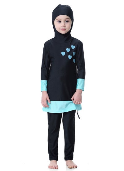 Buy Girl's Highly elastic Hooded Swimwear Set Conservative Style Long Sleeve Swimsuit Set Black/Blue in Saudi Arabia