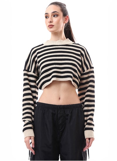 Buy Beige & Black Stripes Knitted Cropped Pullover in Egypt