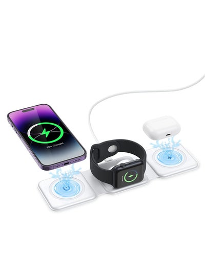 اشتري 3 in 1 Wireless Charger, Foldable Magnetic Charger Station, 18W Fast Wireless Charging Pad, Compatible with iPhone 14/13/12/11, Samsung Galaxy, AirPods, Google Pixel, Apple Watch في الامارات