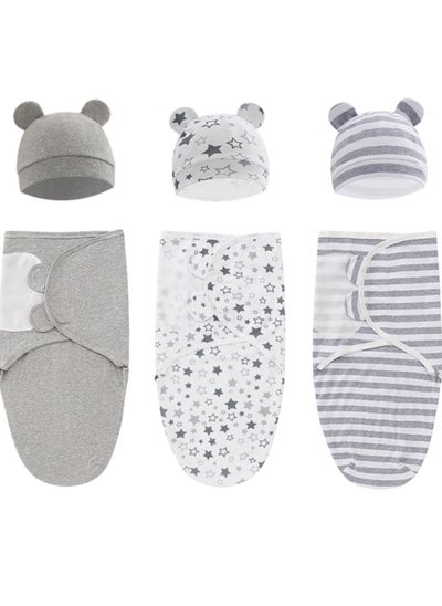 اشتري Baby Swaddle Sleep Sack with Hat Set for 0-3 months 3-Pack Soft Cotton Newborn Wearable Swaddle Wrap for Girls Boys في الامارات