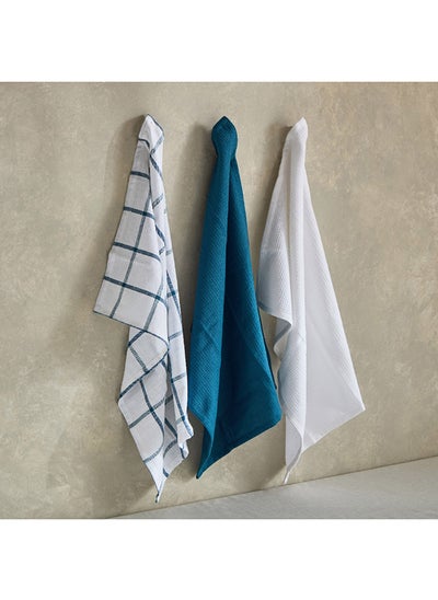 Buy Home Box Harley Azure Cotton Waffle 3-Piece Kitchen Towel Set 60 x 40 cm in Saudi Arabia