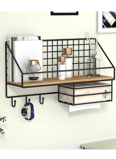 Buy 2-Tier 3 in 1 Wall Mounted Metal Wood Storage Rack, Floating Shelves, Rustic Wood Shelves, Sturdy Home Display Racks, Plants Rack with Paper Storage Box for Bathroom, Bedroom, Living Room, Office in Saudi Arabia