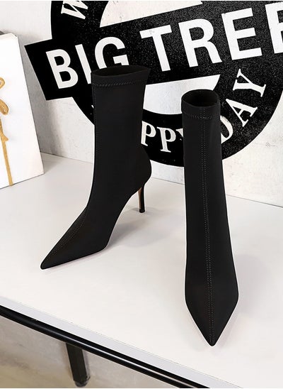 اشتري Fashion Simple Slim Heel High Heel Elastic Lycra Pointed Ankle Boots Black في الامارات