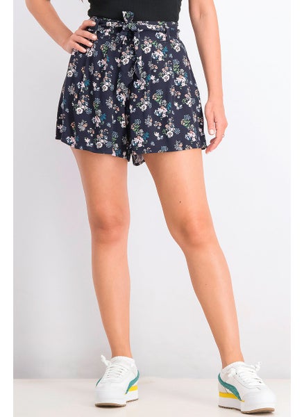 Buy Women Floral Print Belted Short, Navy Combo in Saudi Arabia