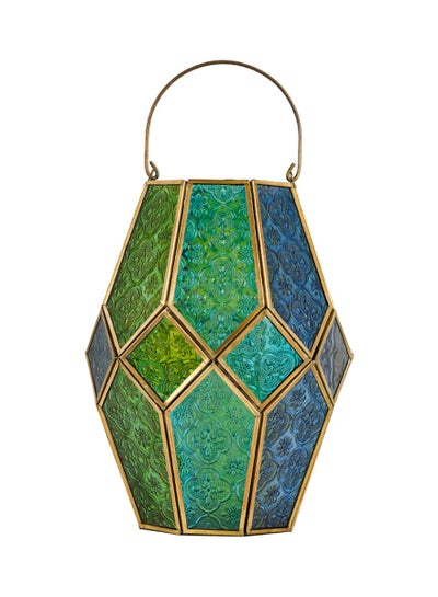 اشتري HilalFul Golden with Blue, Turquoise, Green Embossed Glass Decorative Candle Holder Lantern | Home Decor in Eid, Ramadan, Wedding | Living Room, Bedroom, Indoor, Outdoor Decoration | Moroccan في الامارات